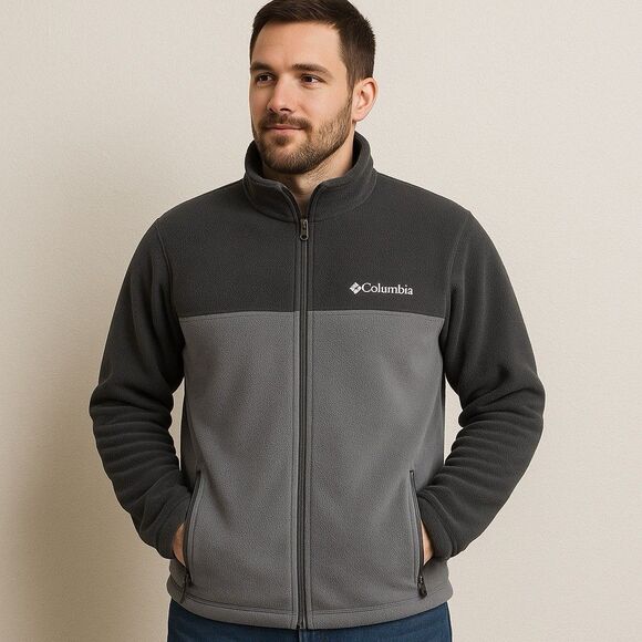 Columbia Men’s M Gray Full-Zip Fleece Jacket Outdoor Hiking Camping Layering - Picture 1 of 16